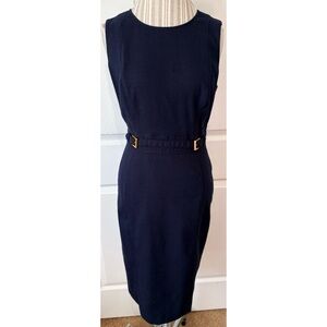 Anne Klein New York Sleeveless Navy Blue Twill Sheath Dress With Gold Buckles 12